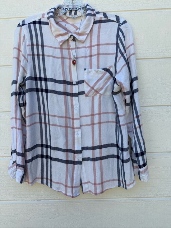 Quintessential Tops - Plaid Button-Front Woman’s Shirt -  White & Pink & Navy Stripe.
